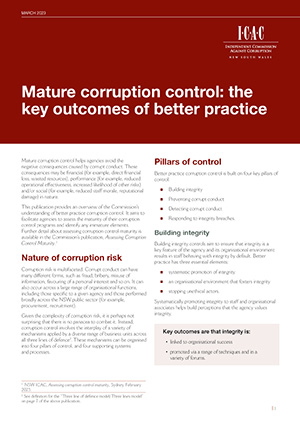 cover of Mature corruption control: the key outcomes of better practice (March 2023)