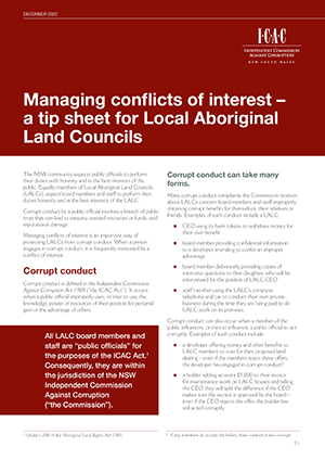 Cover of Managing Conflicts of Interest - a Tip Sheet for Local Aboriginal Land Councils