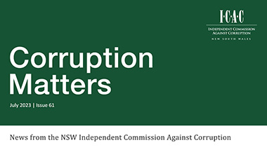 header of the Corruption Matters newsletter - issue 61 - July 2023. White text on dark green background